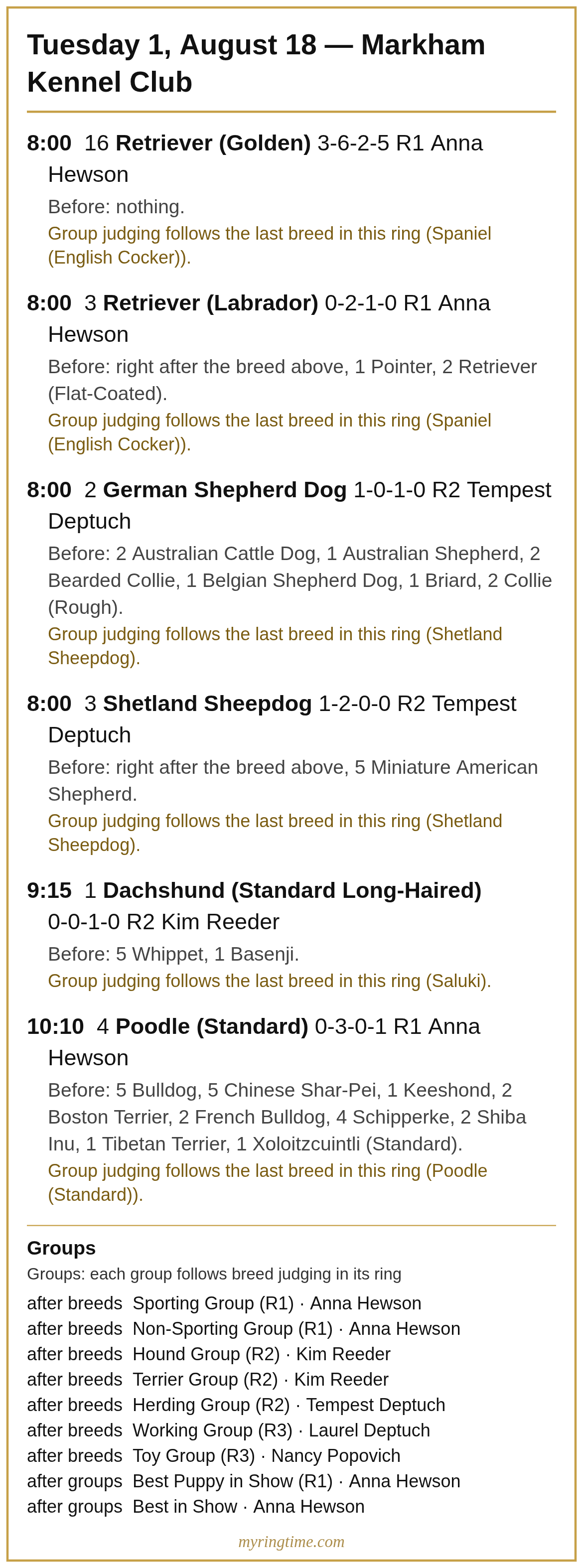 A saved schedule image for one show day, listing breeds with times, rings, judges and group order.